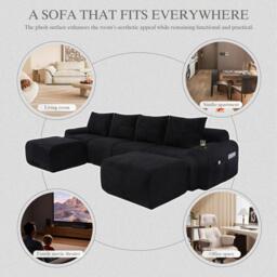 4-Seater Modular Cord Sofa with 2 Ottomans and Integrated Cup‑Holders, Sectional Sofa for Living Rooms, 333L x 174W x 80H cm, Black - Aosom UK - thumbnail 7