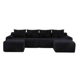 4-Seater Modular Cord Sofa with 2 Ottomans and Integrated Cup‑Holders, Sectional Sofa for Living Rooms, 333L x 174W x 80H cm, Black - Aosom UK - thumbnail 2