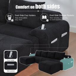 4-Seater Modular Cord Sofa with 2 Ottomans and Integrated Cup‑Holders, Sectional Sofa for Living Rooms, 333L x 174W x 80H cm, Black - Aosom UK - thumbnail 6