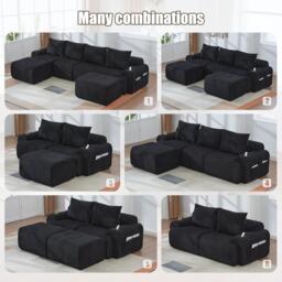 4-Seater Modular Cord Sofa with 2 Ottomans and Integrated Cup‑Holders, Sectional Sofa for Living Rooms, 333L x 174W x 80H cm, Black - Aosom UK - thumbnail 4