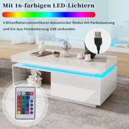 High Gloss LED Sofa Table with Remote-Controlled Lighting, Modern Coffee Table with Drawer, Open Display Shelf, 100L x 50W x 40H cm, White - Aosom.UK - thumbnail 4