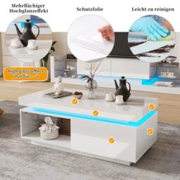 High Gloss LED Sofa Table with Remote-Controlled Lighting, Modern Coffee Table with Drawer, Open Display Shelf, 100L x 50W x 40H cm, White - Aosom.UK - thumbnail 5