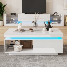 High Gloss LED Sofa Table with Remote-Controlled Lighting, Modern Coffee Table with Drawer, Open Display Shelf, 100L x 50W x 40H cm, White - Aosom.UK