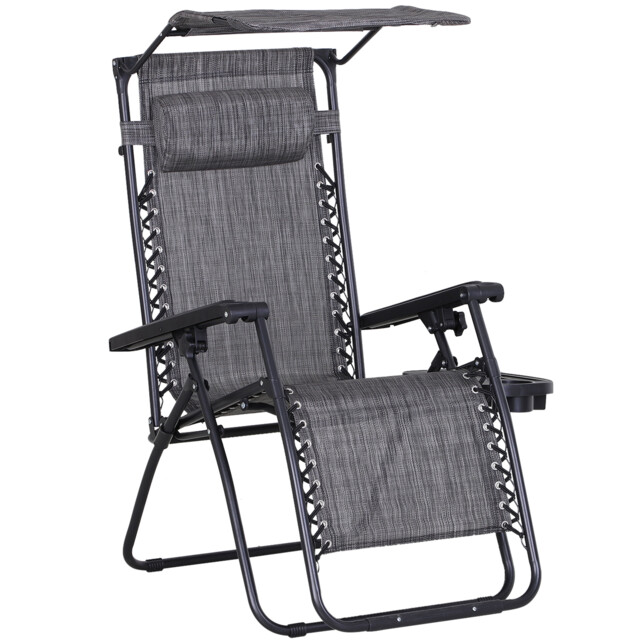 Outsunny Zero Gravity Chair, Folding Deck Chair with Cup Holder and Sunshade, Reclining Patio Sun Lounger, Grey - Aosom UK - image 1