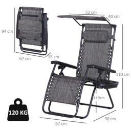 Outsunny Zero Gravity Chair, Folding Deck Chair with Cup Holder and Sunshade, Reclining Patio Sun Lounger, Grey - Aosom UK - thumbnail 3