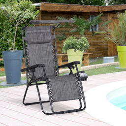 Outsunny Zero Gravity Chair, Folding Deck Chair with Cup Holder and Sunshade, Reclining Patio Sun Lounger, Grey - Aosom UK - thumbnail 2