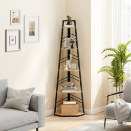 HOMCOM Corner Bookcase, 5-Tier Floor Standing Bookshelf, Shelving Unit for Living Room, Study, Bedroom, Natural Wood Finish - thumbnail 2