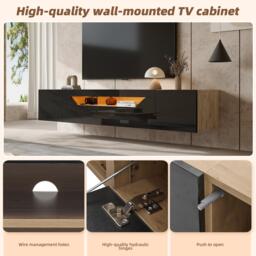 Floating TV Stand with App-Controlled LED Strip and Pull-Down Door, Wall-Mounted TV Unit with Storage Shelves, 180L x 37W x 36H cm, Black - Aosom UK - thumbnail 5