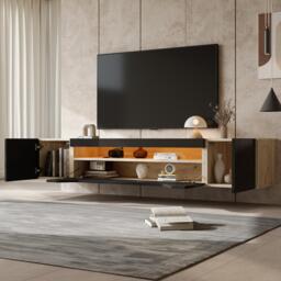Floating TV Stand with App-Controlled LED Strip and Pull-Down Door, Wall-Mounted TV Unit with Storage Shelves, 180L x 37W x 36H cm, Black - Aosom UK - thumbnail 7