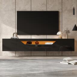 Floating TV Stand with App-Controlled LED Strip and Pull-Down Door, Wall-Mounted TV Unit with Storage Shelves, 180L x 37W x 36H cm, Black - Aosom UK