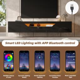 Floating TV Stand with App-Controlled LED Strip and Pull-Down Door, Wall-Mounted TV Unit with Storage Shelves, 180L x 37W x 36H cm, Black - Aosom UK - thumbnail 4