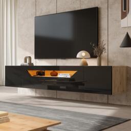 Floating TV Stand with App-Controlled LED Strip and Pull-Down Door, Wall-Mounted TV Unit with Storage Shelves, 180L x 37W x 36H cm, Black - Aosom UK - thumbnail 8