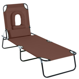 Outsunny Sun Lounger with Pillow and Reading Hole, Foldable Reclining Chair, Garden Beach Outdoor Recliner, Adjustable, Brown - Aosom UK - thumbnail 1