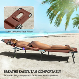 Outsunny Sun Lounger with Pillow and Reading Hole, Foldable Reclining Chair, Garden Beach Outdoor Recliner, Adjustable, Brown - Aosom UK - thumbnail 7