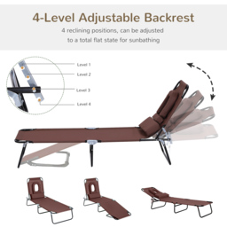 Outsunny Sun Lounger with Pillow and Reading Hole, Foldable Reclining Chair, Garden Beach Outdoor Recliner, Adjustable, Brown - Aosom UK - thumbnail 4