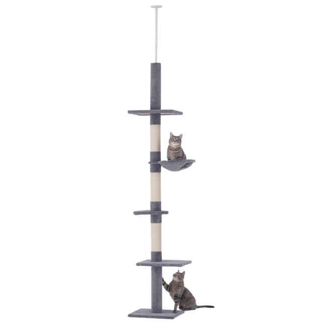PawHut Cats Floor to Ceiling Scratching Post w/ 5-Tier Plush Leisure Platforms Grey - Aosom UK - image 1