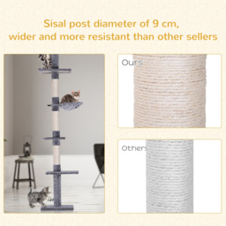 PawHut Cats Floor to Ceiling Scratching Post w/ 5-Tier Plush Leisure Platforms Grey - Aosom UK - thumbnail 7