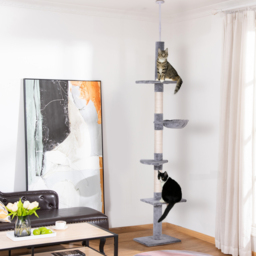 PawHut Cats Floor to Ceiling Scratching Post w/ 5-Tier Plush Leisure Platforms Grey - Aosom UK - thumbnail 2