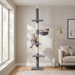 PawHut Cats Floor to Ceiling Scratching Post w/ 5-Tier Plush Leisure Platforms Grey - Aosom UK - thumbnail 2