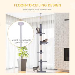 PawHut Cats Floor to Ceiling Scratching Post w/ 5-Tier Plush Leisure Platforms Grey - Aosom UK - thumbnail 5