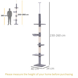 PawHut Cats Floor to Ceiling Scratching Post w/ 5-Tier Plush Leisure Platforms Grey - Aosom UK - thumbnail 3