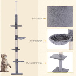 PawHut Cats Floor to Ceiling Scratching Post w/ 5-Tier Plush Leisure Platforms Grey - Aosom UK - thumbnail 6