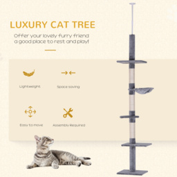PawHut Cats Floor to Ceiling Scratching Post w/ 5-Tier Plush Leisure Platforms Grey - Aosom UK - thumbnail 4