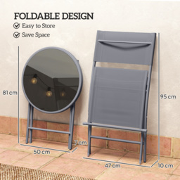 Outsunny 3 Pieces Outdoor Bistro Set, Glass Top Outdoor Table and 2 Folding Chairs with Protecting Feet, Grey - thumbnail 5