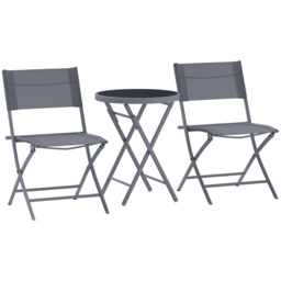 Outsunny 3 Pieces Outdoor Bistro Set, Glass Top Outdoor Table and 2 Folding Chairs with Protecting Feet, Grey - thumbnail 1