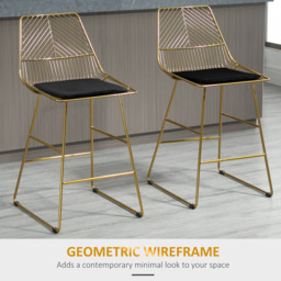 HOMCOM Set of 2 Bar Chair w/ Modern Counter Height, Wire Metal Bar Stool for Kitchen, Counter Bar Stool, Gold - Aosom UK - thumbnail 4
