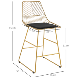 HOMCOM Set of 2 Bar Chair w/ Modern Counter Height, Wire Metal Bar Stool for Kitchen, Counter Bar Stool, Gold - Aosom UK - thumbnail 3