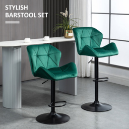 HOMCOM Bar Stools Set Of 2, Luxurious Velvet-Touch Barstools with Metal Frame Footrest Round Base Triangle Indenting Adjustable Height Swivel Green - thumbnail 4
