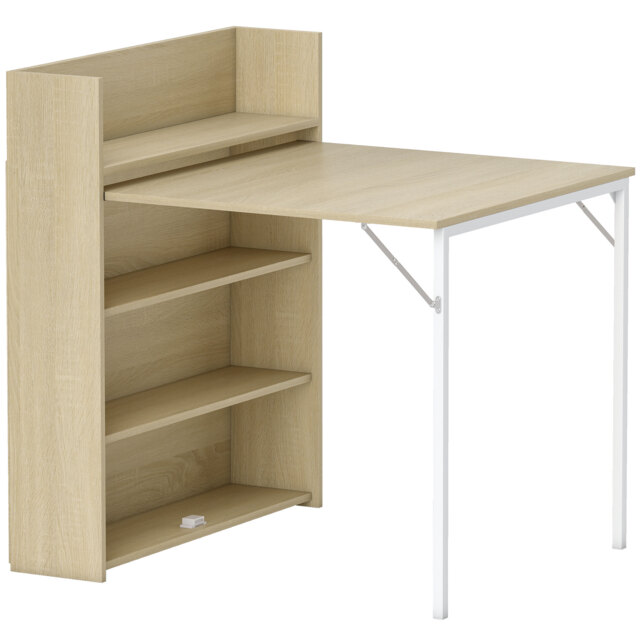 HOMCOM Kitchen Table, Folding Dining Table, with 4-Tier Shelves, Modern Drop-Leaf Table, Oak Wood Effect - image 1