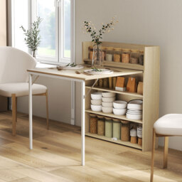 HOMCOM Kitchen Table, Folding Dining Table, with 4-Tier Shelves, Modern Drop-Leaf Table, Oak Wood Effect - thumbnail 2