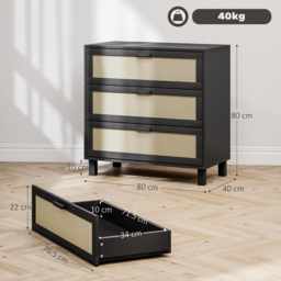 HOMCOM Rattan Bedroom Chest of Drawers, 3 Drawers Storage Unit, Boho Dresser for Living Room, Hallway, Black - thumbnail 3