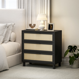 HOMCOM Rattan Bedroom Chest of Drawers, 3 Drawers Storage Unit, Boho Dresser for Living Room, Hallway, Black - thumbnail 2