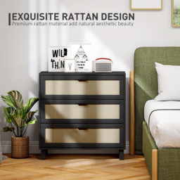 HOMCOM Rattan Bedroom Chest of Drawers, 3 Drawers Storage Unit, Boho Dresser for Living Room, Hallway, Black - thumbnail 4