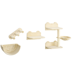 PawHut Wall-mounted Cat Shelves Set, Climbing Activity Centre with Hammock, Scratching Post & Jumping Platform for Kittens, Beige - Aosom UK - thumbnail 1