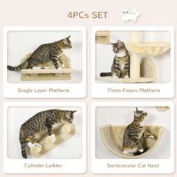 PawHut Wall-mounted Cat Shelves Set, Climbing Activity Centre with Hammock, Scratching Post & Jumping Platform for Kittens, Beige - Aosom UK - thumbnail 5