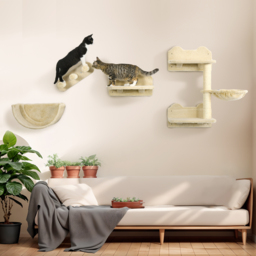 PawHut Wall-mounted Cat Shelves Set, Climbing Activity Centre with Hammock, Scratching Post & Jumping Platform for Kittens, Beige - Aosom UK - thumbnail 2