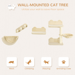 PawHut Wall-mounted Cat Shelves Set, Climbing Activity Centre with Hammock, Scratching Post & Jumping Platform for Kittens, Beige - Aosom UK - thumbnail 4