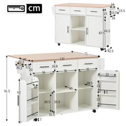 Stylish Kitchen Trolley with Foldable Wood-Grain Countertop, Versatile Buffet with Interchangeable Wheels, 139L x 46W x 91H cm, White - Aosom UK - thumbnail 3