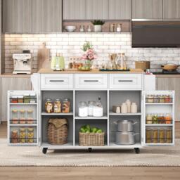Stylish Kitchen Trolley with Foldable Wood-Grain Countertop, Versatile Buffet with Interchangeable Wheels, 139L x 46W x 91H cm, White - Aosom UK - thumbnail 1
