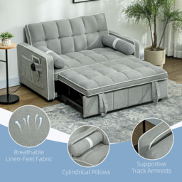 HOMCOM Two-Seater Linen-Look Sofa Bed - Light Grey - Aosom UK - thumbnail 6