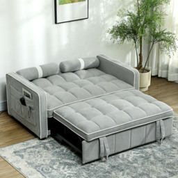 HOMCOM Two-Seater Linen-Look Sofa Bed - Light Grey - Aosom UK - thumbnail 8