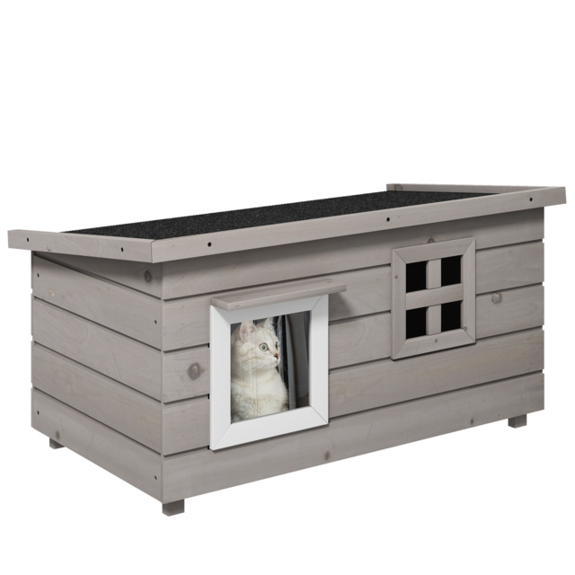 PawHut Wooden Cat House Outdoor, Elevated Cat Shelter Kennel, Pet Play House with Openable Top, Asphalt Roof, Window, Grey - Aosom UK - image 1