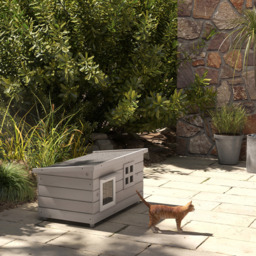 PawHut Wooden Cat House Outdoor, Elevated Cat Shelter Kennel, Pet Play House with Openable Top, Asphalt Roof, Window, Grey - Aosom UK - thumbnail 7