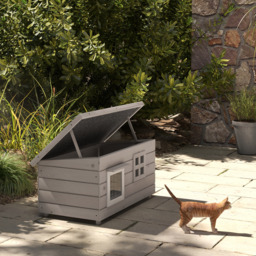 PawHut Wooden Cat House Outdoor, Elevated Cat Shelter Kennel, Pet Play House with Openable Top, Asphalt Roof, Window, Grey - Aosom UK - thumbnail 2