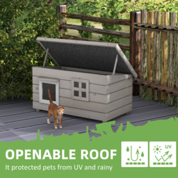 PawHut Wooden Cat House Outdoor, Elevated Cat Shelter Kennel, Pet Play House with Openable Top, Asphalt Roof, Window, Grey - Aosom UK - thumbnail 5