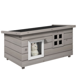 PawHut Wooden Cat House Outdoor, Elevated Cat Shelter Kennel, Pet Play House with Openable Top, Asphalt Roof, Window, Grey - Aosom UK - thumbnail 1